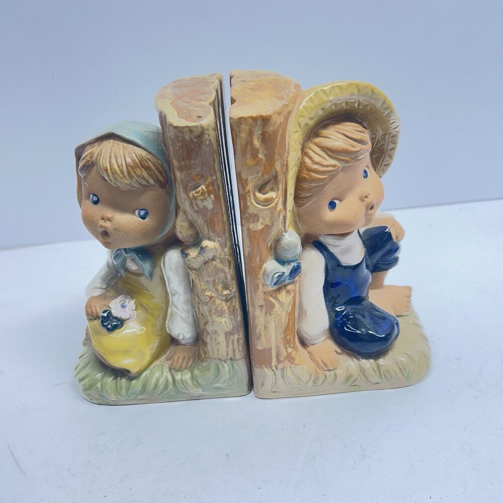 Vintage 1960s Enesco Japan Boy And Girl Leaning Against Trees Bookends